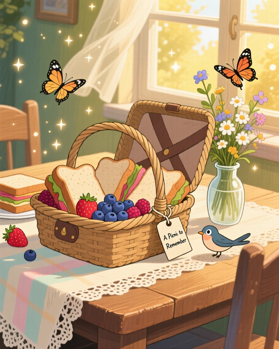A warm, inviting scene of a picnic basket packed with sandwiches and fresh berries, with warm golden light filling the room.