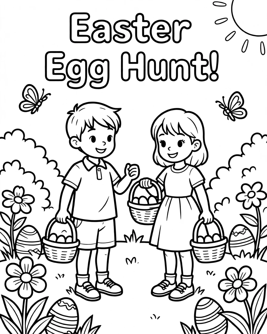 Children hunting for Easter eggs hidden in a spring garden