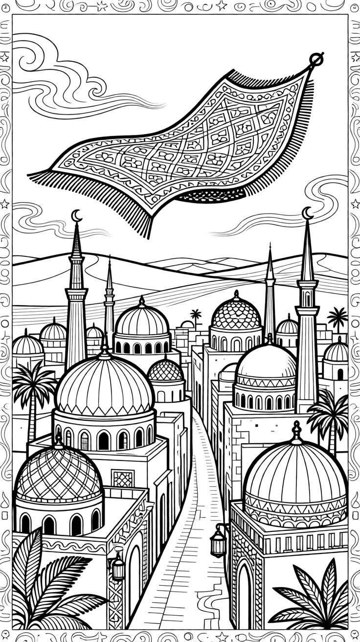 A magic carpet soaring over a desert city of domes and spires.