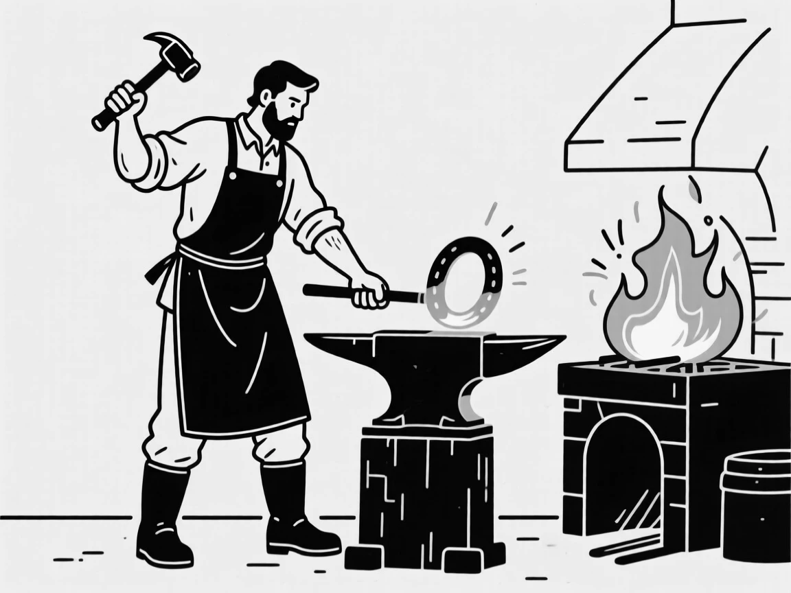 A blacksmith working at a glowing forge