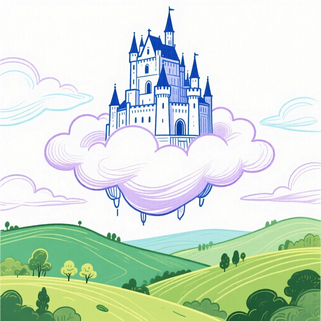 A castle floating among clouds above a green valley.