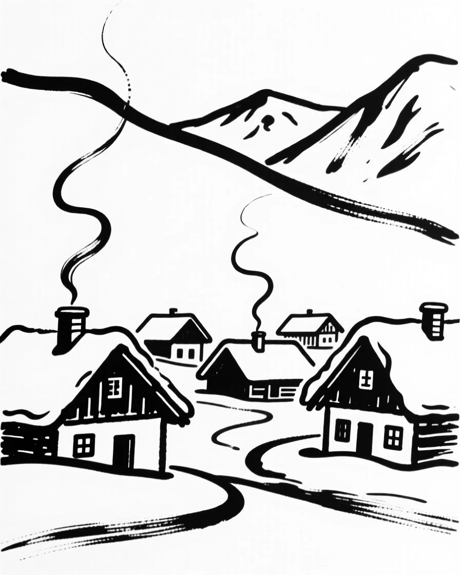 A quiet alpine village with snow-dusted rooftops and smoke curling from chimneys.