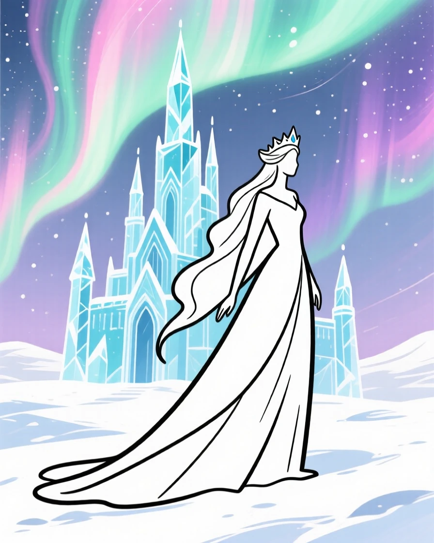A snow queen's ice palace glittering beneath the aurora borealis.