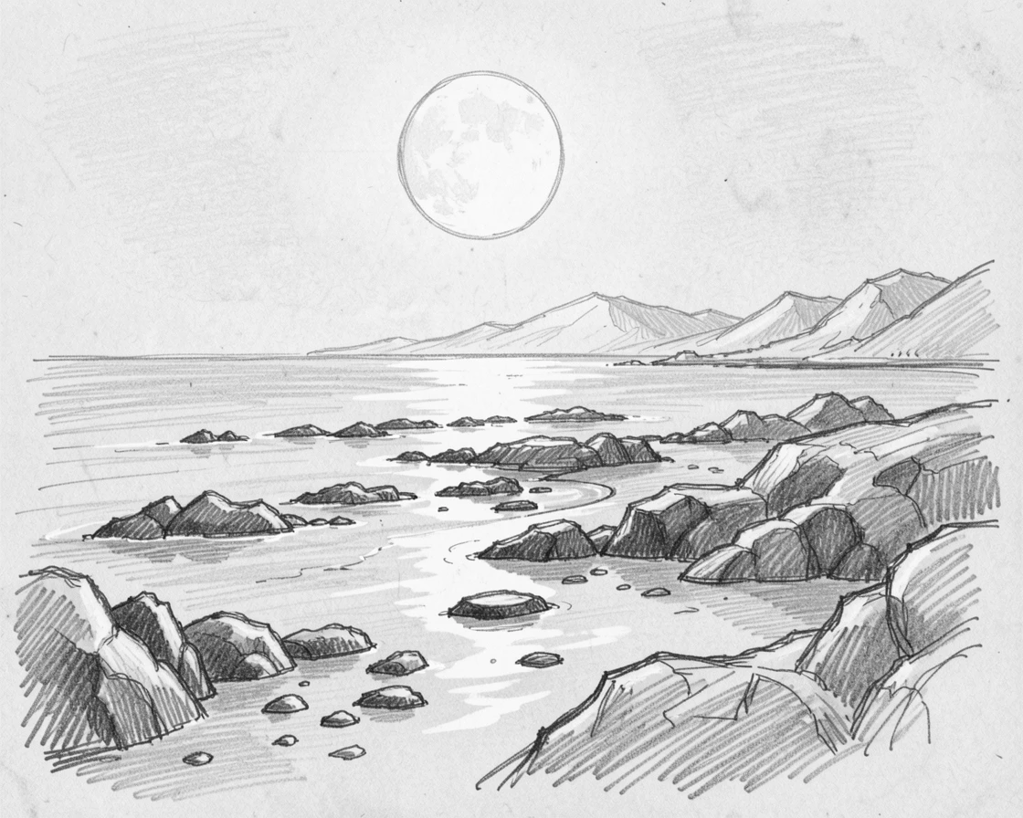 A breathtaking view of a rugged coastline at low tide, illuminated by a brilliant full moon, with distant mountains fading into haze.