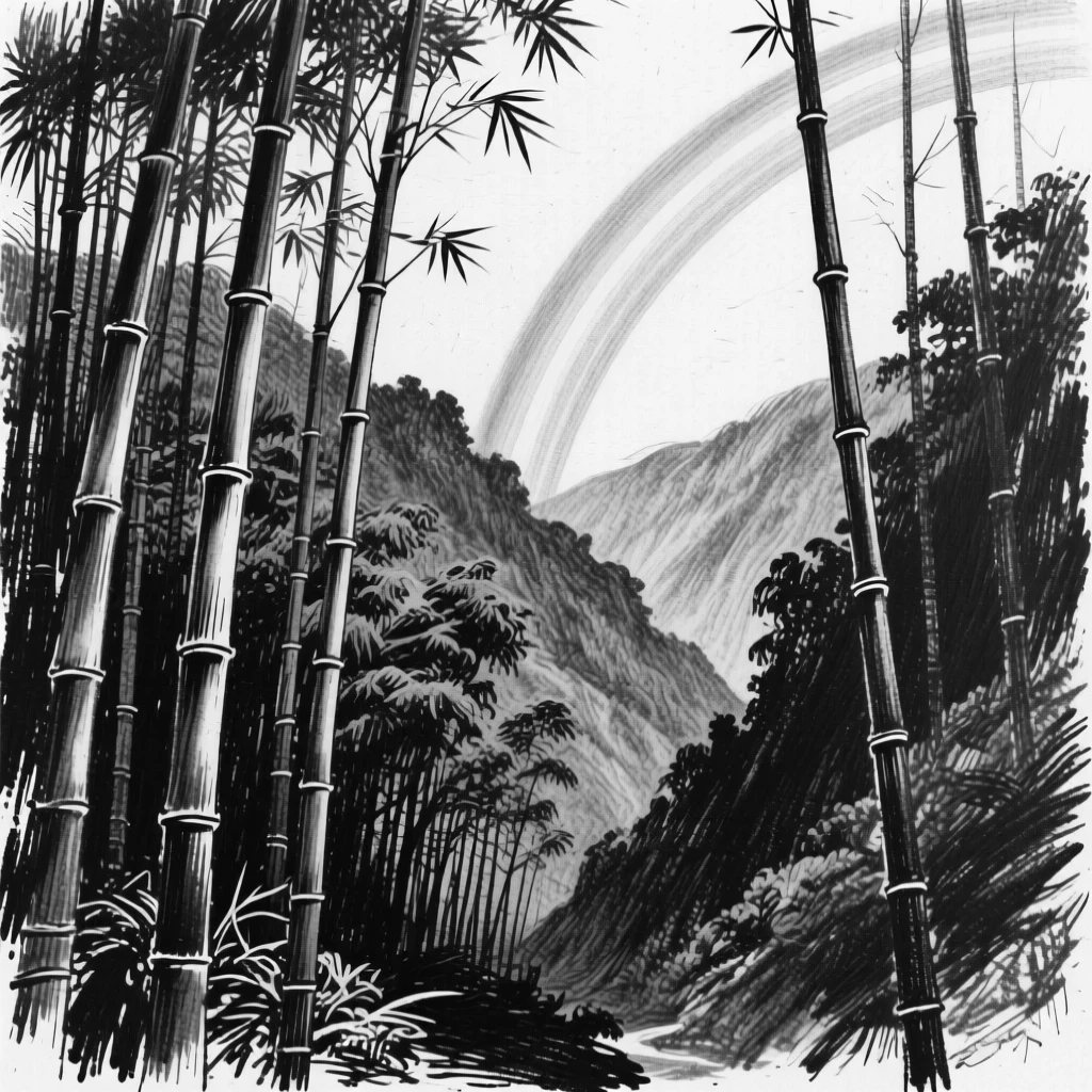 A bamboo forest with a rainbow stretching across the valley.