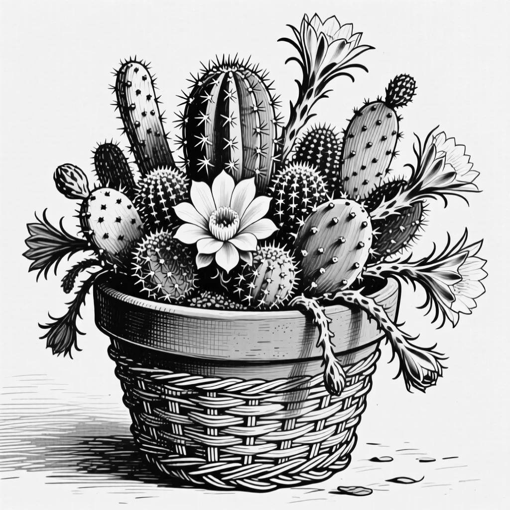 A cactus garden in a terracotta pot spilling out of a wicker basket, with the texture of each petal richly defined, composed in a lush and abundant still-life arrangement.