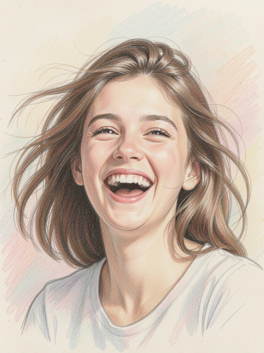 A young woman laughing joyfully with wind blowing through her hair, set against a softly blurred, atmospheric background, designed to feel emotionally resonant and heartfelt.