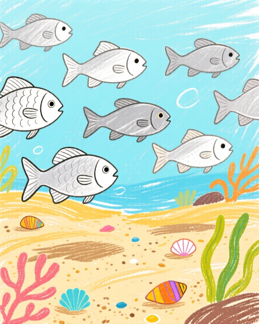 A school of silver fish floating gently above a sandy seabed.