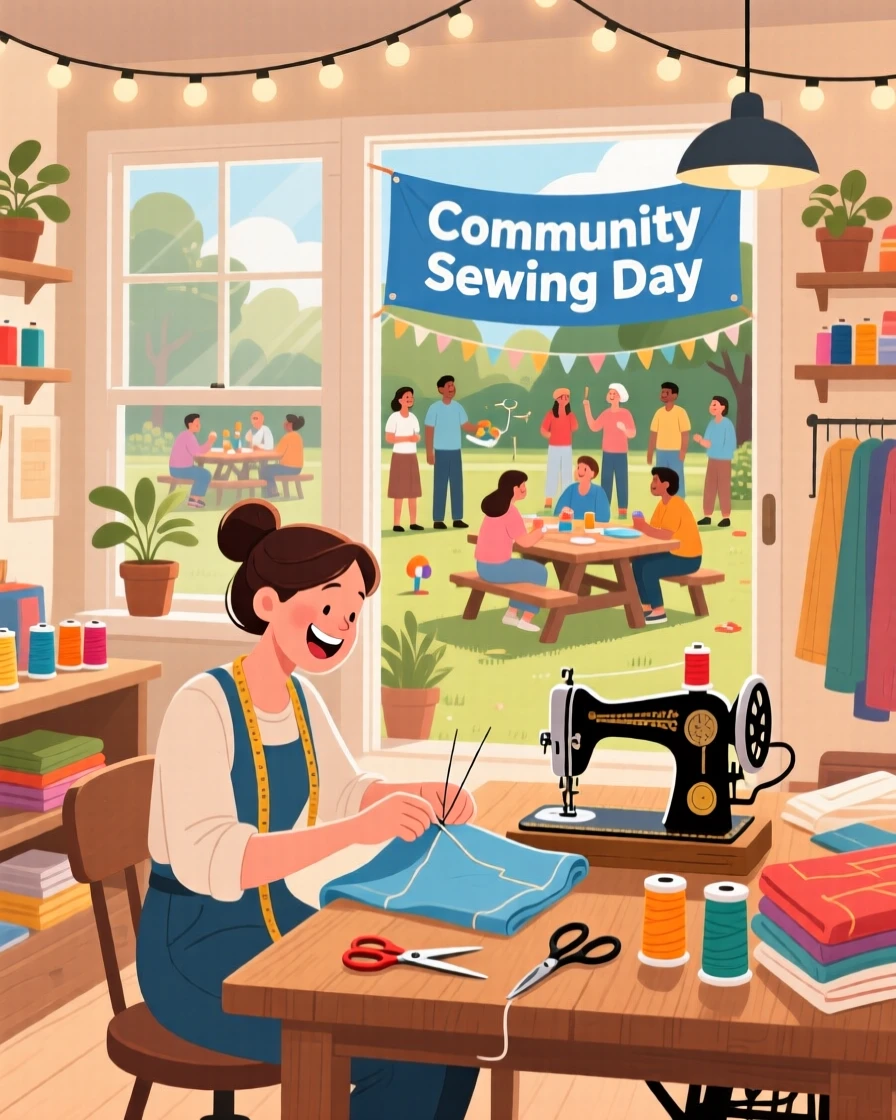 A tailor carefully stitching fabric in a cozy sewing studio, at a cheerful outdoor community gathering, captured mid-laugh with authentic energy, with a sense of warmth and togetherness in every detail.