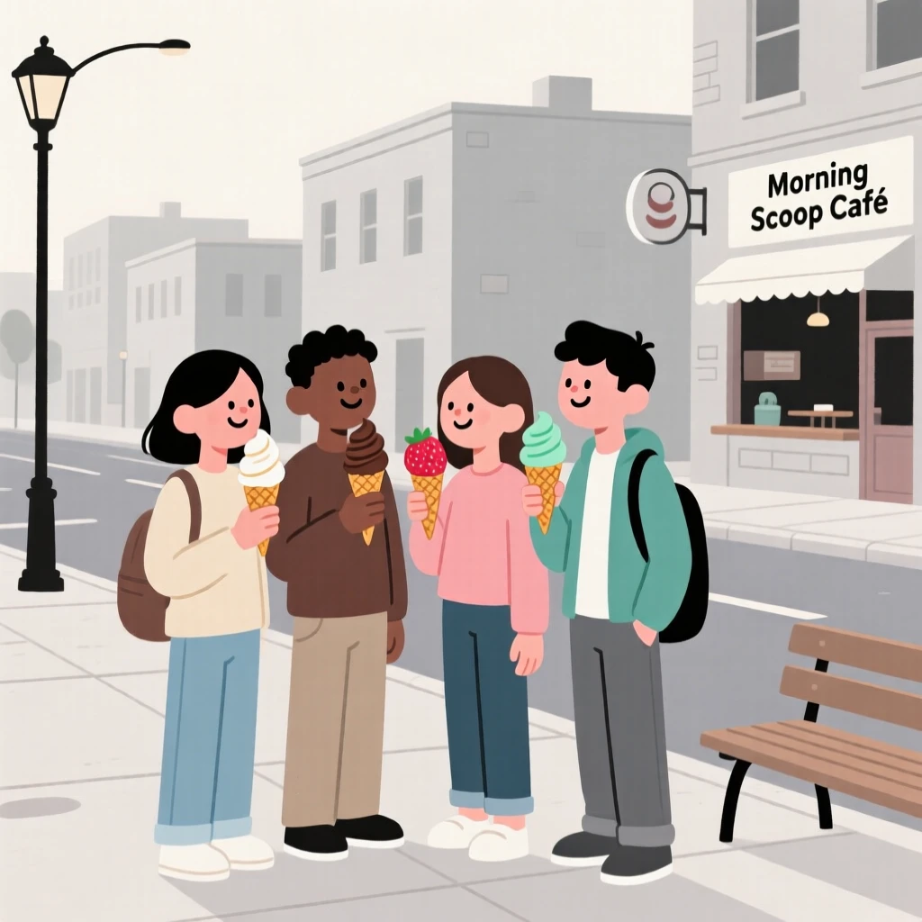 A group of students enjoying an ice cream cone on a quiet weekday morning in the city.