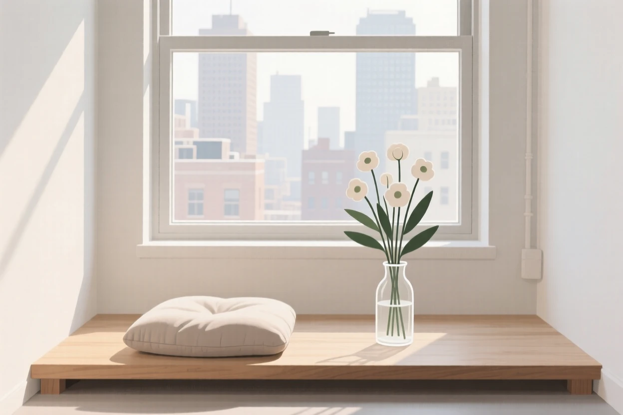 A morning scene of meditation corner resting in a small city loft beside fresh cut flowers, radiating mindful presence.
