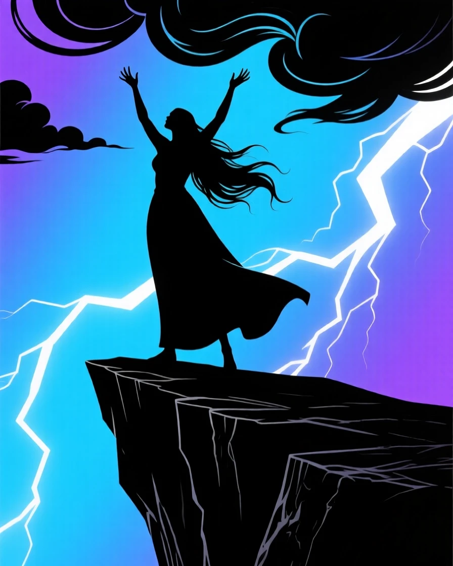 A sorceress standing at a cliff's edge, arms raised as storm clouds gather above her.
