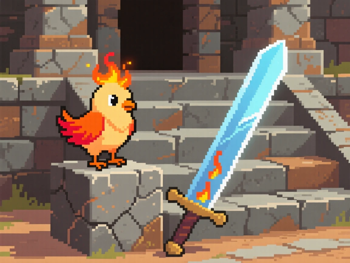 A phoenix chick with tiny embers for feathers polishing a legendary sword on a stone, on the steps of an old stone temple.