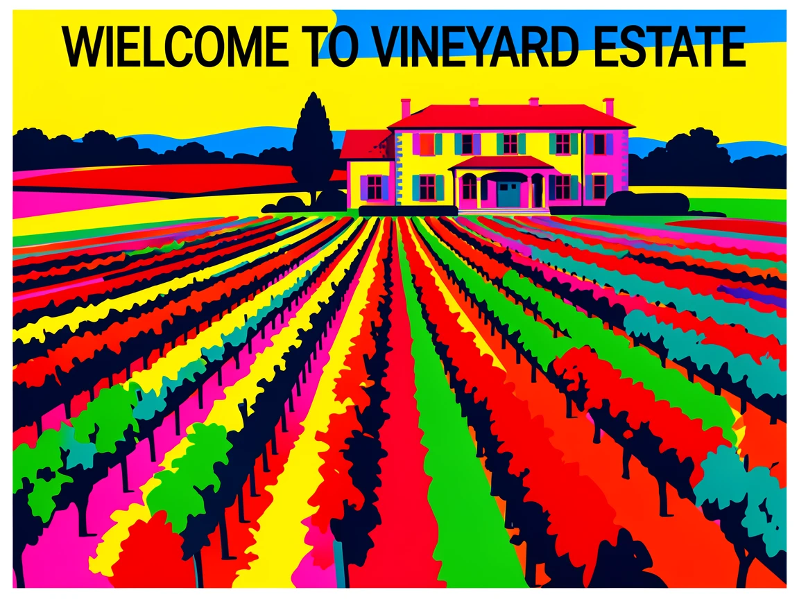 Vineyard rows leading to a countryside estate