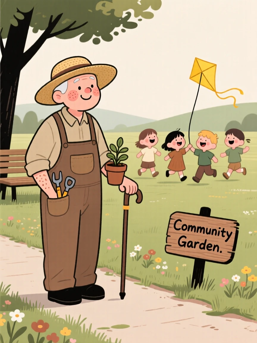 A elderly gardener pauses mid-morning errands to watch children laughing in a nearby park, a small smile crossing their face at the simple beauty of it.
