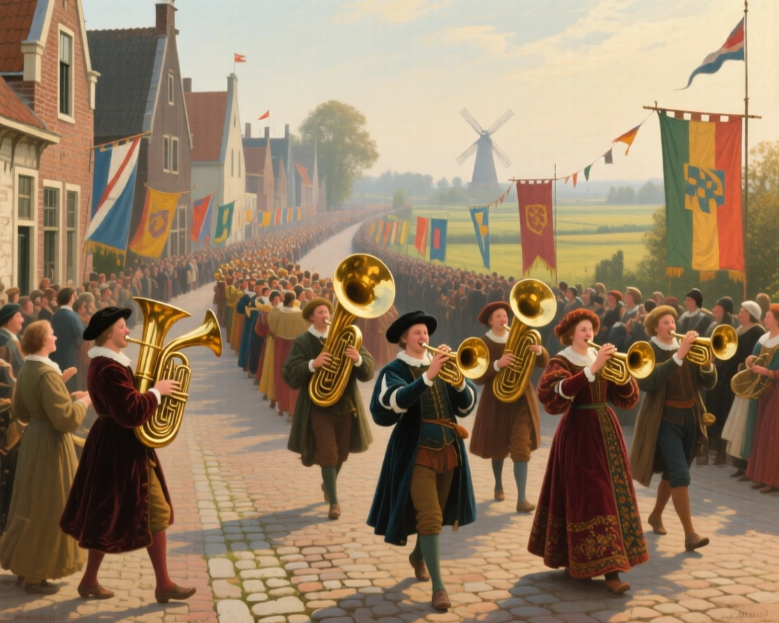 A grand panoramic scene of a brass band leading a joyful parade down a flag-lined street, in the Dutch countryside, in the Renaissance period.