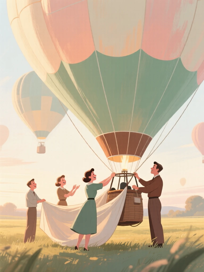 A group of hot air balloonists preparing for a dawn ascent