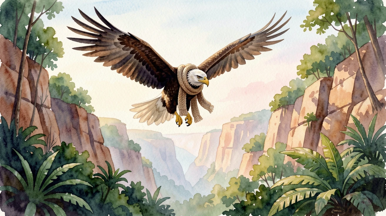 An eagle soaring above a canyon in a lush jungle clearing wearing a cozy knitted scarf.
