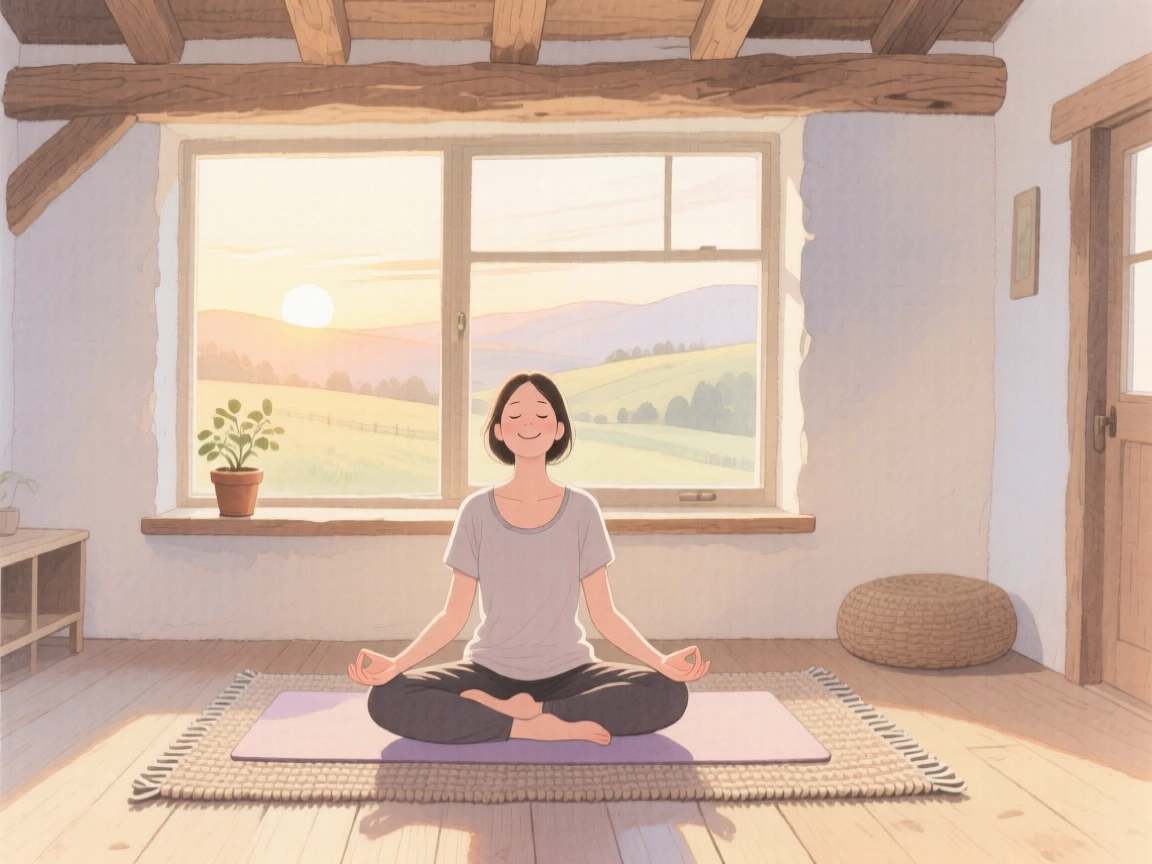 A peaceful scene of someone practicing yoga at sunrise in a cozy countryside cottage, fully absorbed in a quiet, joyful moment