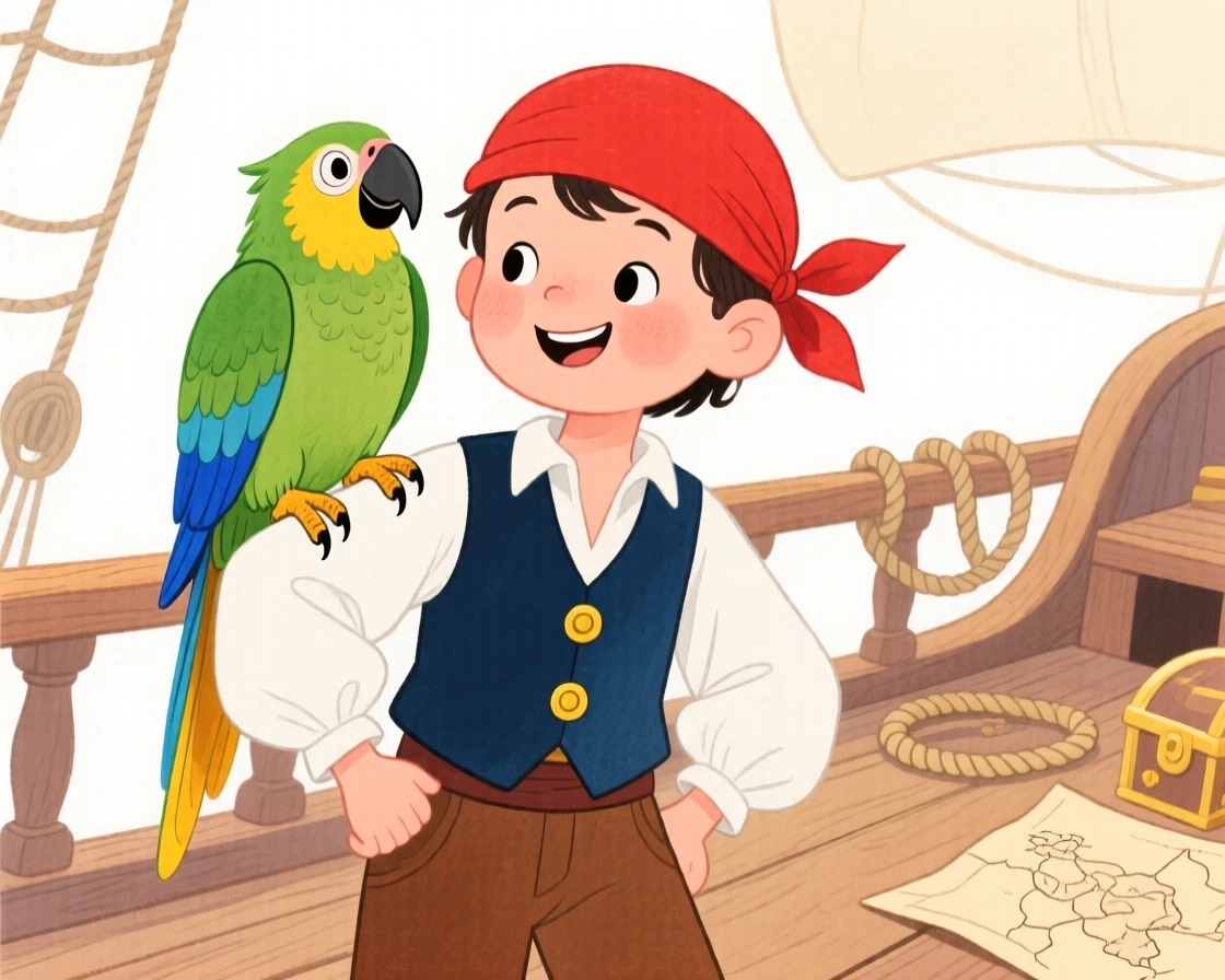 An adventurous scene of a parrot perched on the shoulder of a young pirate captain.