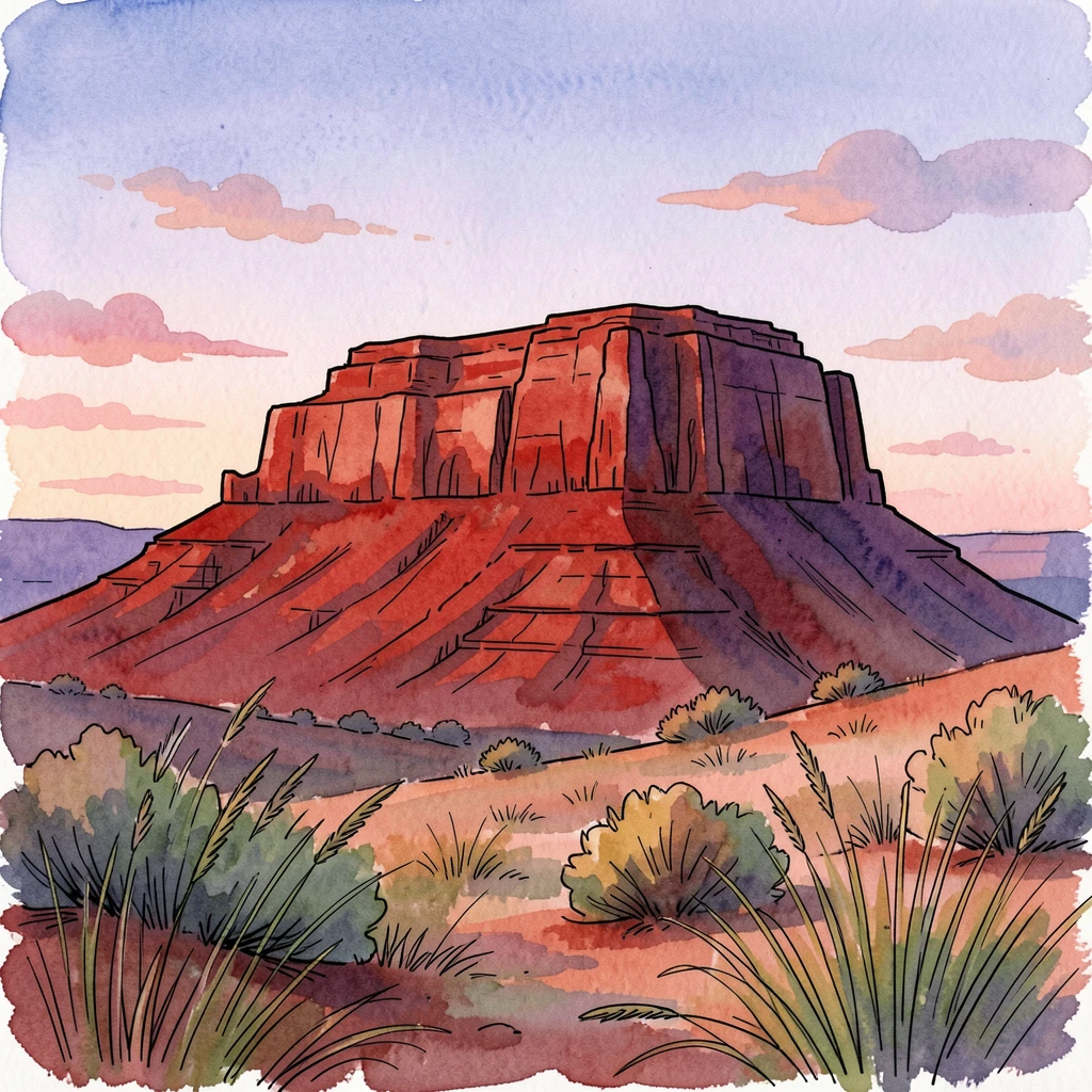 A high desert mesa glowing red in the last light of evening, a gentle breeze rippling through the grass and leaves.