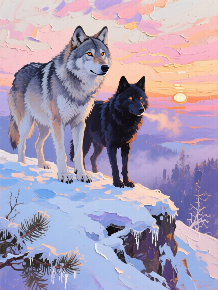 a pair of wolves on a snowy ridge, at dawn, from an inviting eye-level viewpoint.