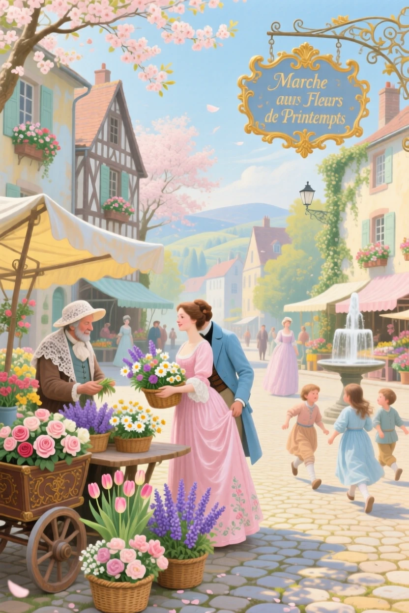 A spring flower market in a cobbled village square  