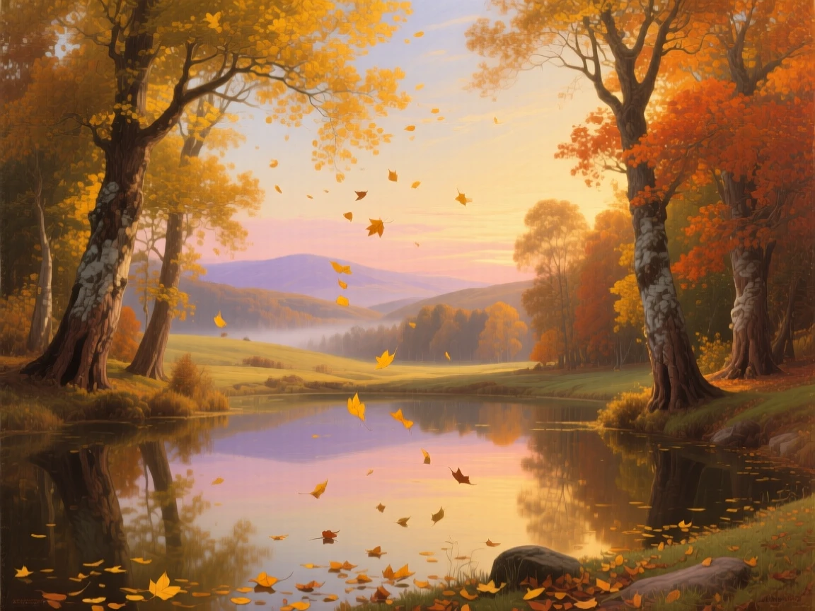 Golden leaves drift onto a quiet pond as autumn settles in.