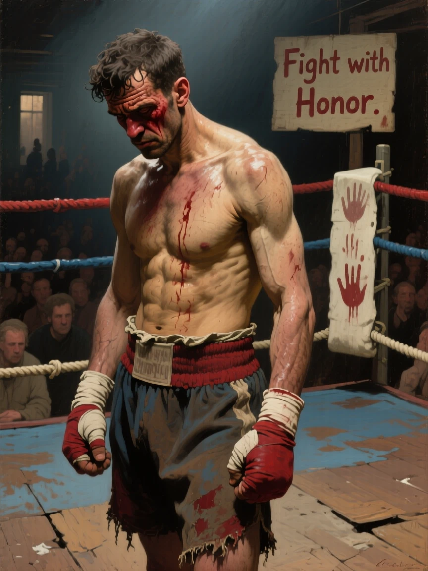 A boxer in the ring, sweat and determination etched across his face, every wrinkle and expression telling a story of a life fully lived, offering a tender and unforgettable glimpse into the human spirit