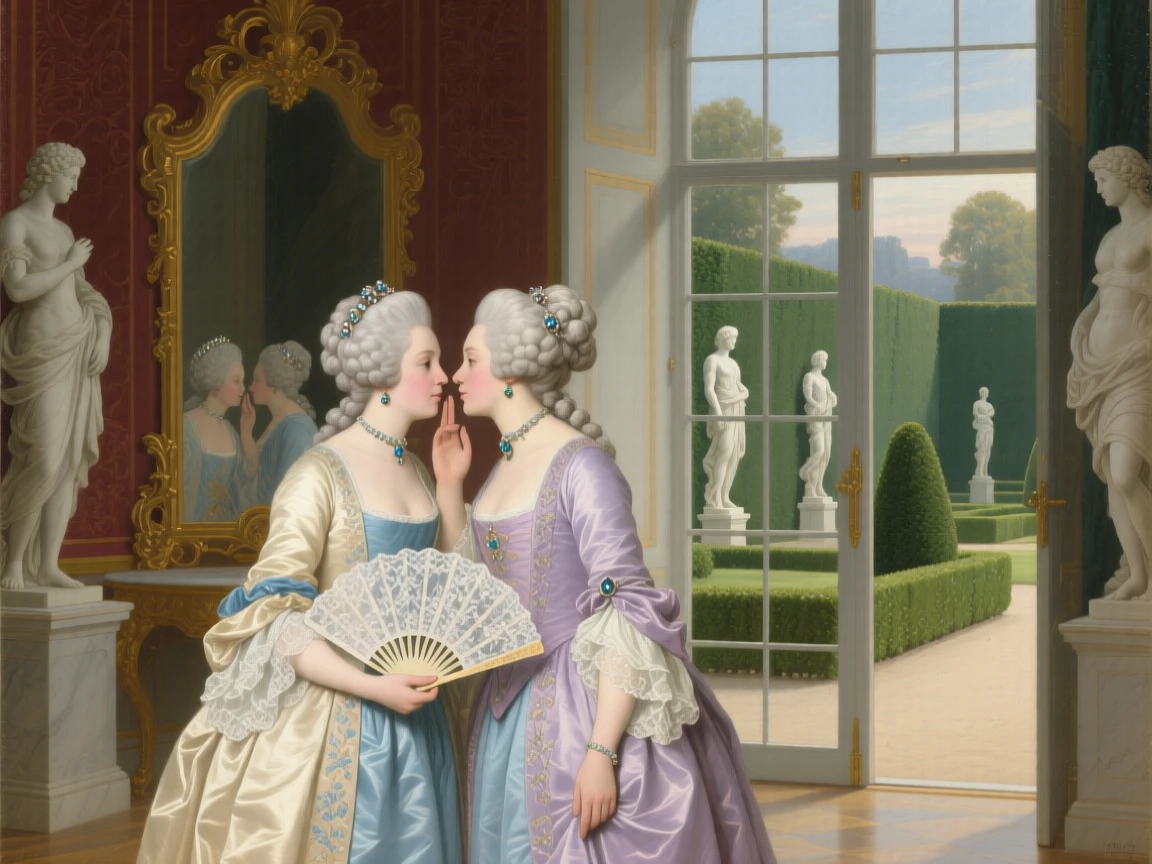 Courtiers whispering behind fans in a royal antechamber in a moment of quiet, practiced grace, set in a formal garden with clipped hedges and marble statues, with silk gowns, powdered wigs, and glittering jewels catching the light; a mirror in the background subtly doubles the scene's elegance, radiating celebration, elegance, and social grace.