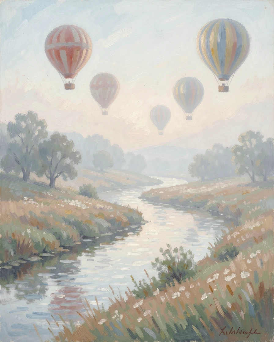 A misty morning over a river valley, hot air balloons drifting silently above the fog-covered fields.