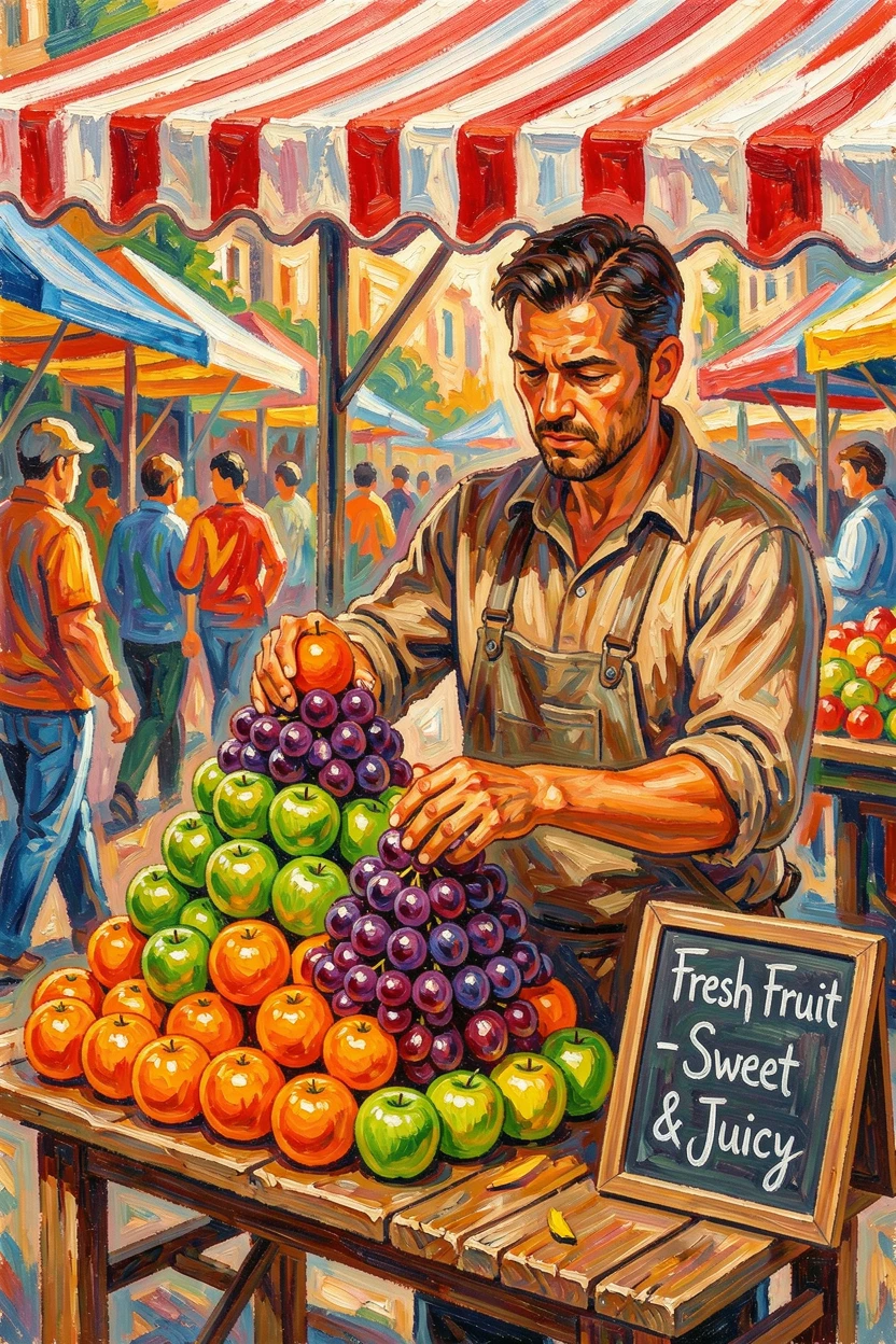 A street vendor arranging bright fruit into perfect pyramids beneath a striped awning.
