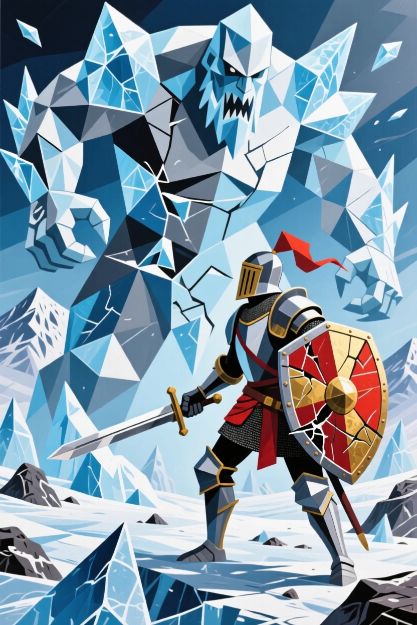 A knight facing a colossal ice giant on a frozen mountain battlefield.