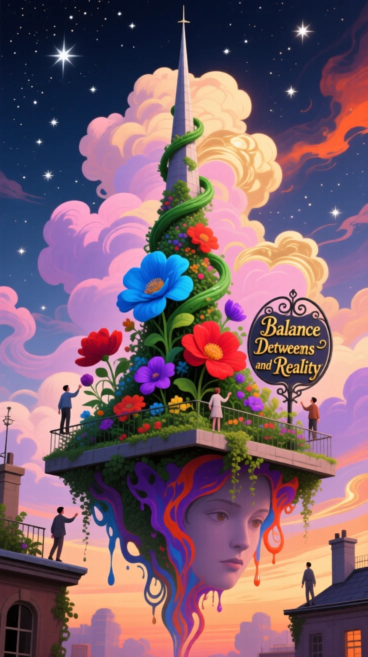 A rooftop garden balanced on a single thin spire reflects a version of itself upside down in the clouds, while tiny figures walk along its impossible edges.