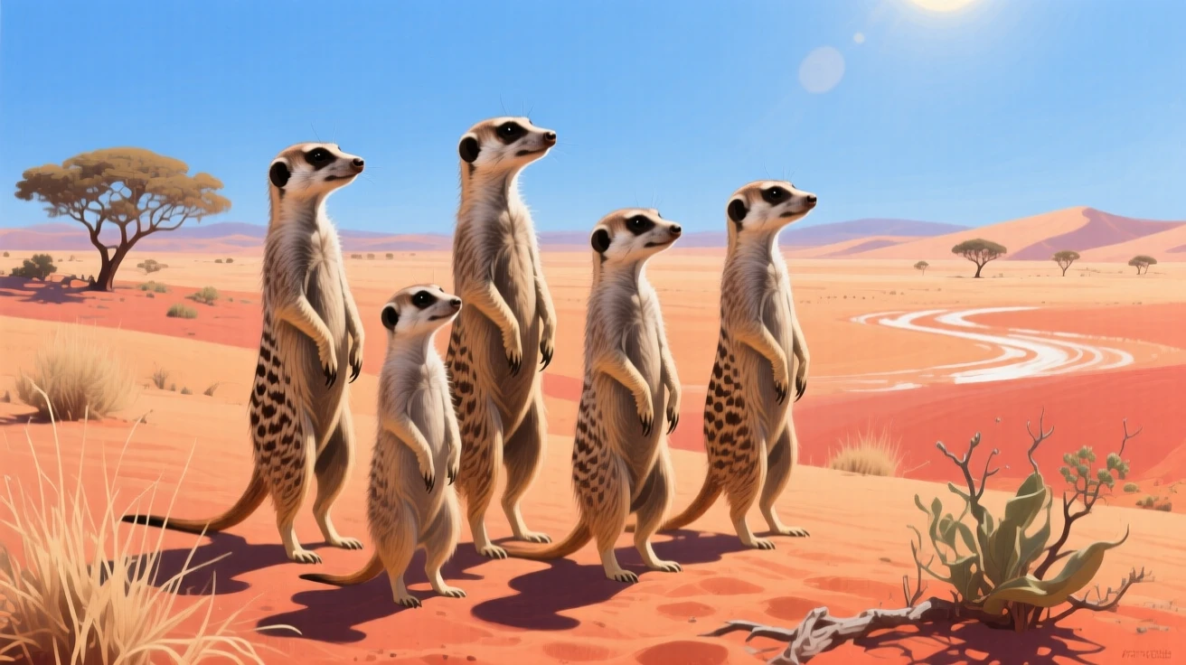 A family of meerkats stands alert on their hind legs in the Kalahari Desert, scanning the horizon for predators beneath the harsh midday sun, the surrounding habitat rendered in enough detail to suggest a specific time and place.