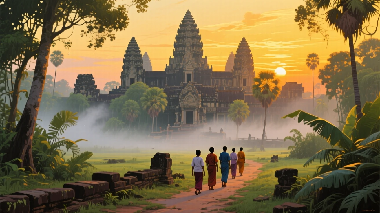 Angkor Wat temple emerging from thick jungle fog, bathed in golden sunset light, a small group of pilgrims making their way along an ancient path