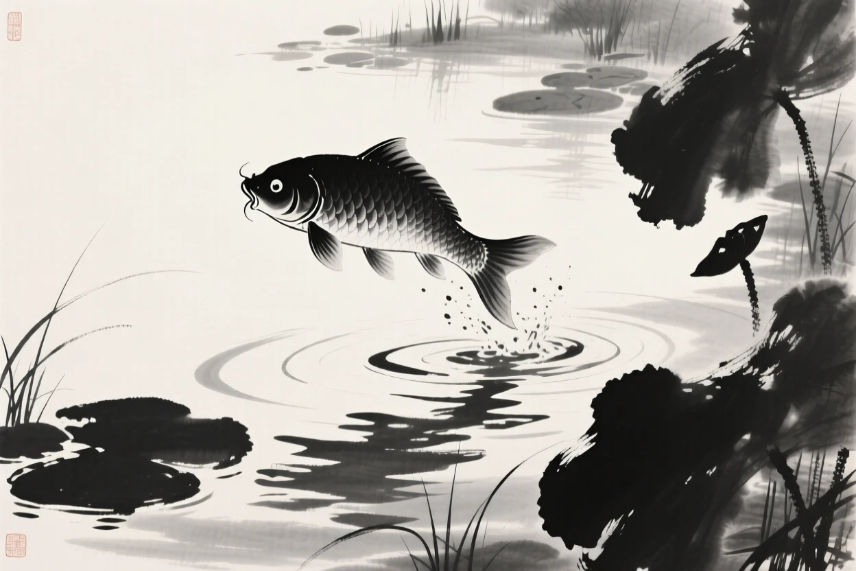 A single carp leaps above the surface of a garden pond, as sunlight dapples the water's surface.