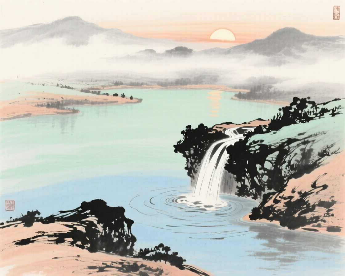 A tranquil pond fed by a trickling mountain spring, in the quiet hour before sunrise.