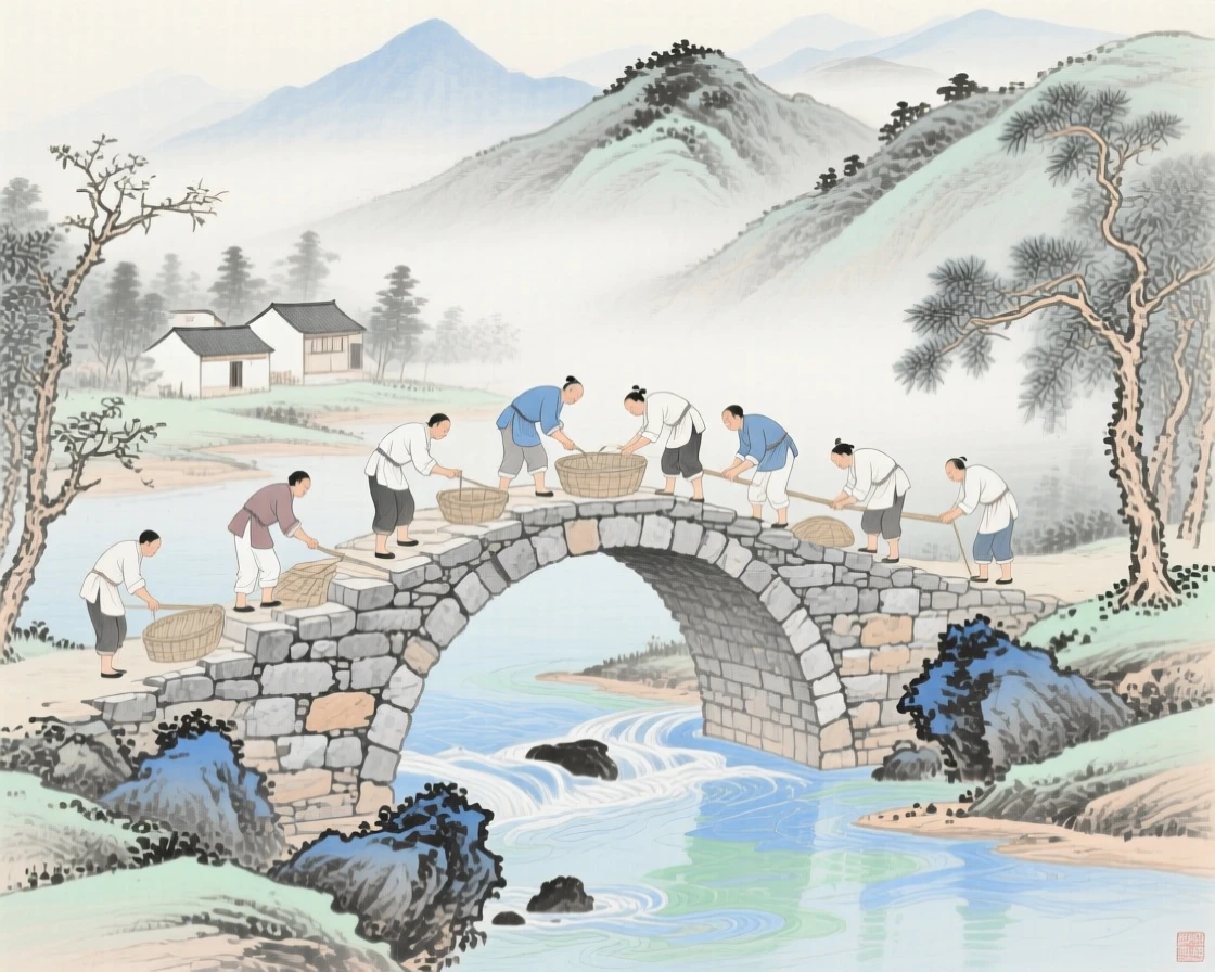 Villagers building a stone bridge across a mountain river, as morning mist clings to the surrounding hills