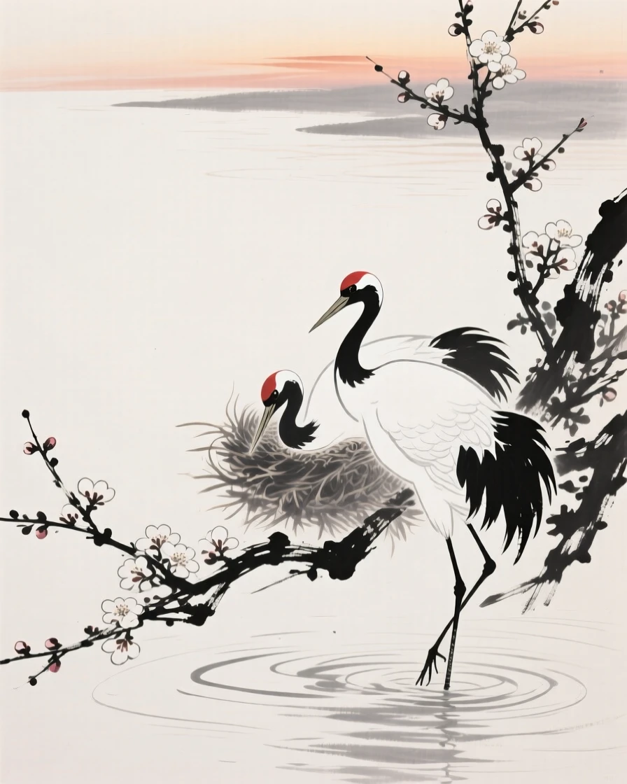 A pair of cranes nesting among blossoming branches over rippling water at dusk, positioned in one corner, leaving airy negative space, conveying serenity and effortless movement.