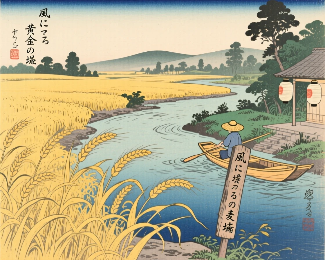 A golden wheat field swaying in the wind along a slow-moving river.