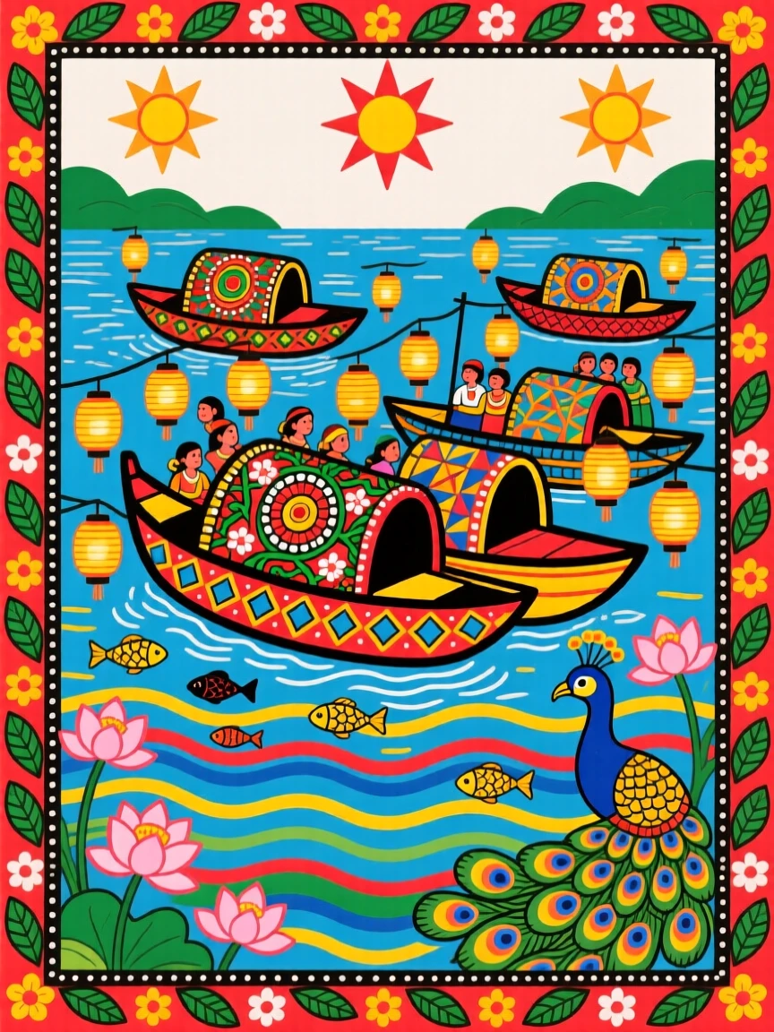 A group of boats gathered for a river festival lit with lanterns.