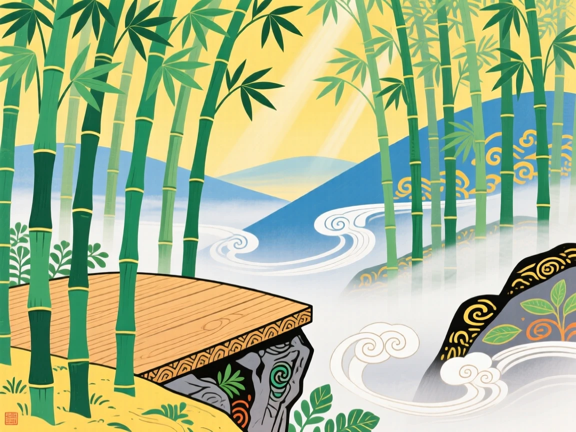 A bamboo forest with light filtering through seen from a quiet overlook, as fog drifts through the valley.