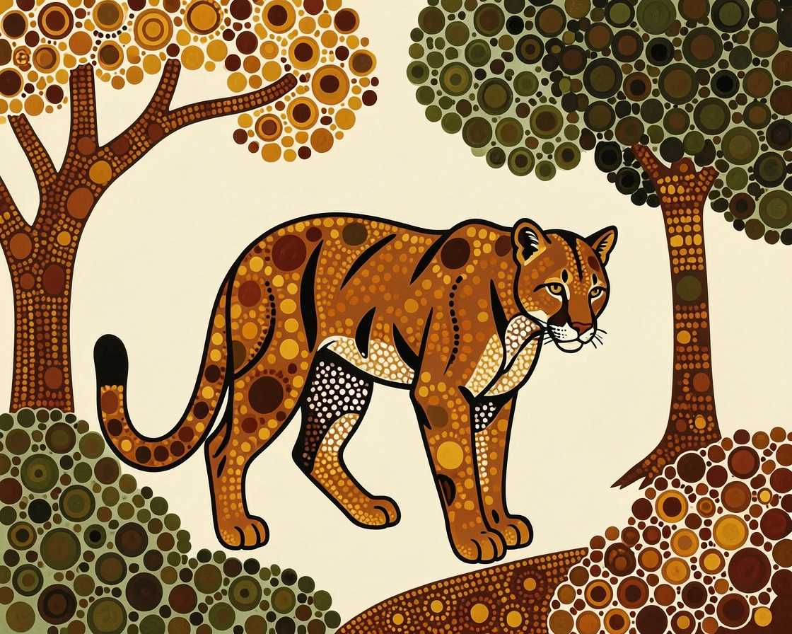 A mountain lion pausing at the edge of a forest
