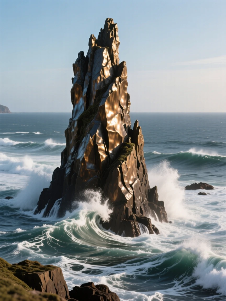 A dramatic coastal sea stack rising from crashing surf, with a striking sense of depth and distance, offering a breathtaking sense of place