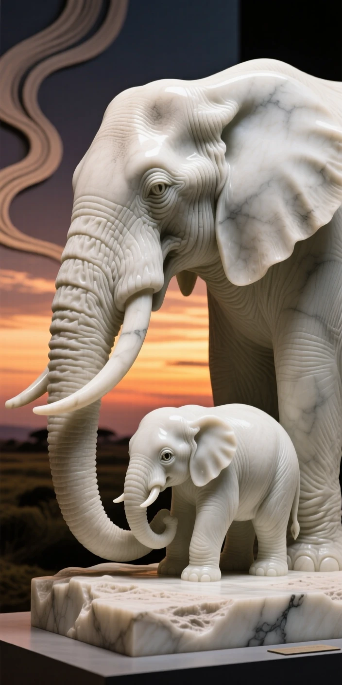 A striking close-up of a baby elephant with its mother, full of life and grace, against a dramatic sunset sky