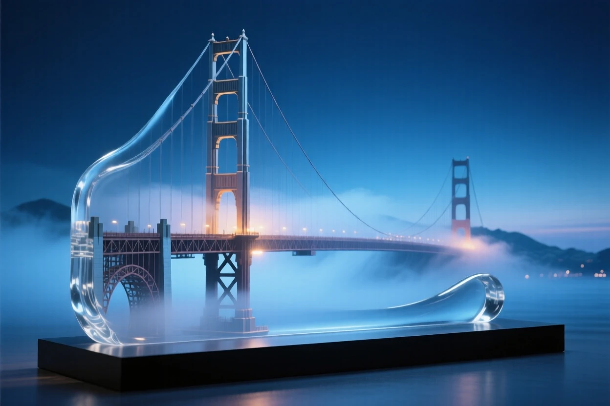 The Golden Gate Bridge shrouded in fog at blue hour with soft ambient lighting beginning to glow, reflections shimmering nearby, evoking timeless elegance.