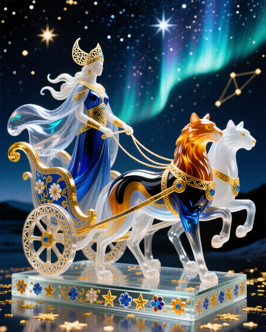 Freya riding a chariot pulled by great cats across a starlit Nordic sky, regal and mythic.