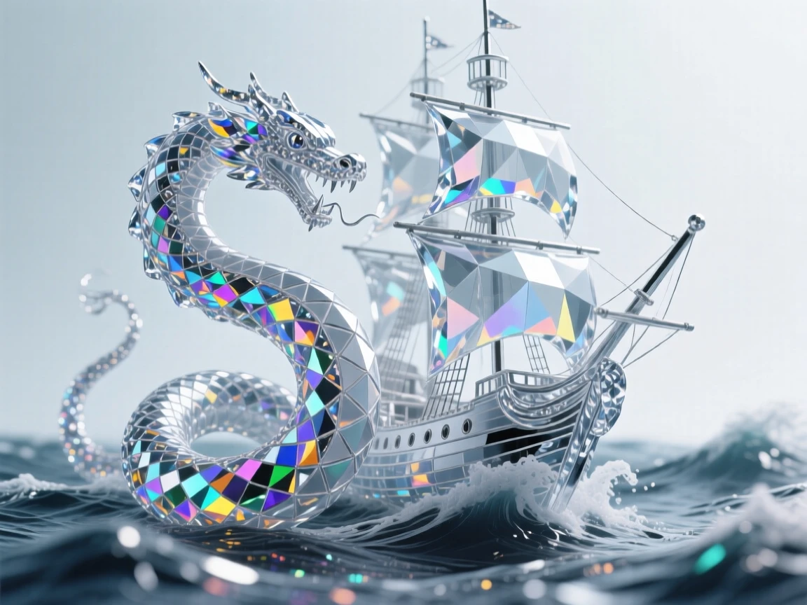 A sea serpent coiling gracefully around a sinking ghost ship in stormy waters.