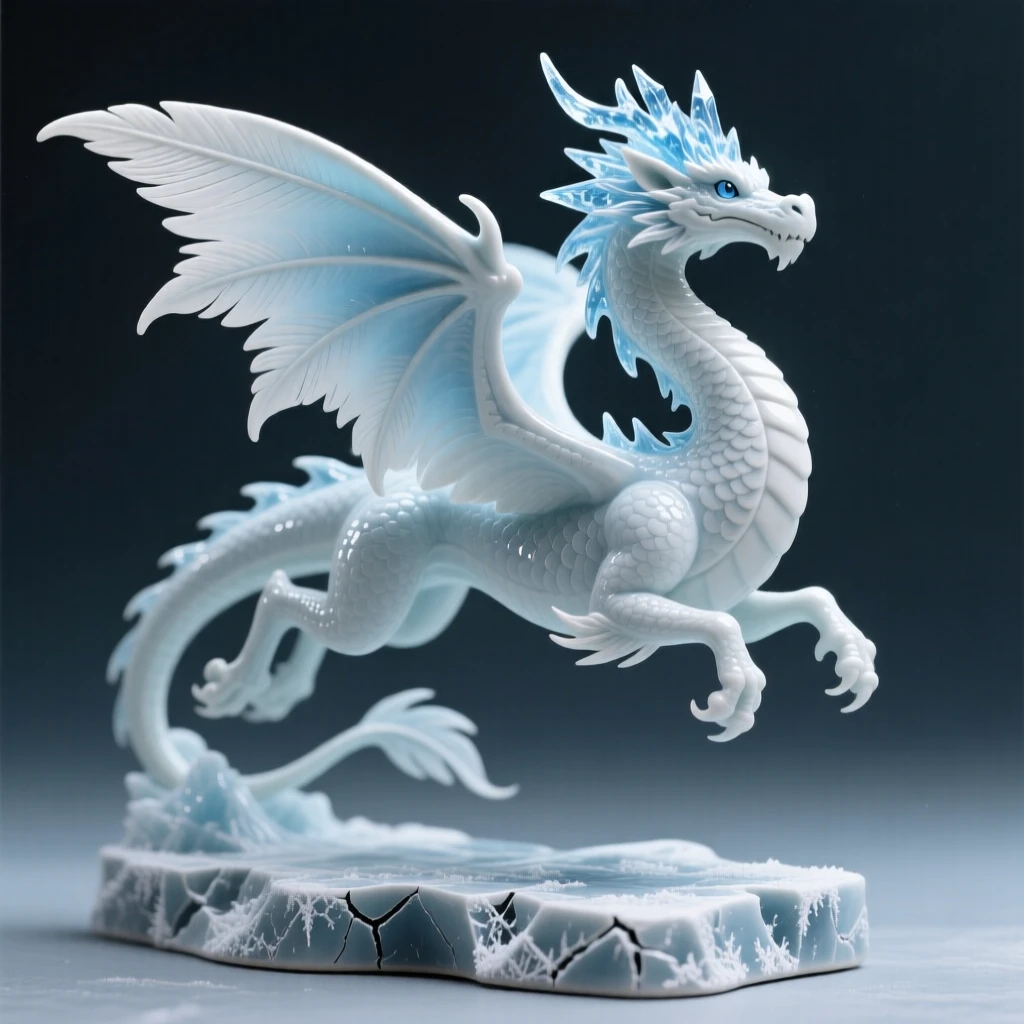 A majestic ice dragon crowned in frost caught in a graceful, weightless leap, with delicate feathers trailing like ribbons, capturing the enchantment of forgotten legend.